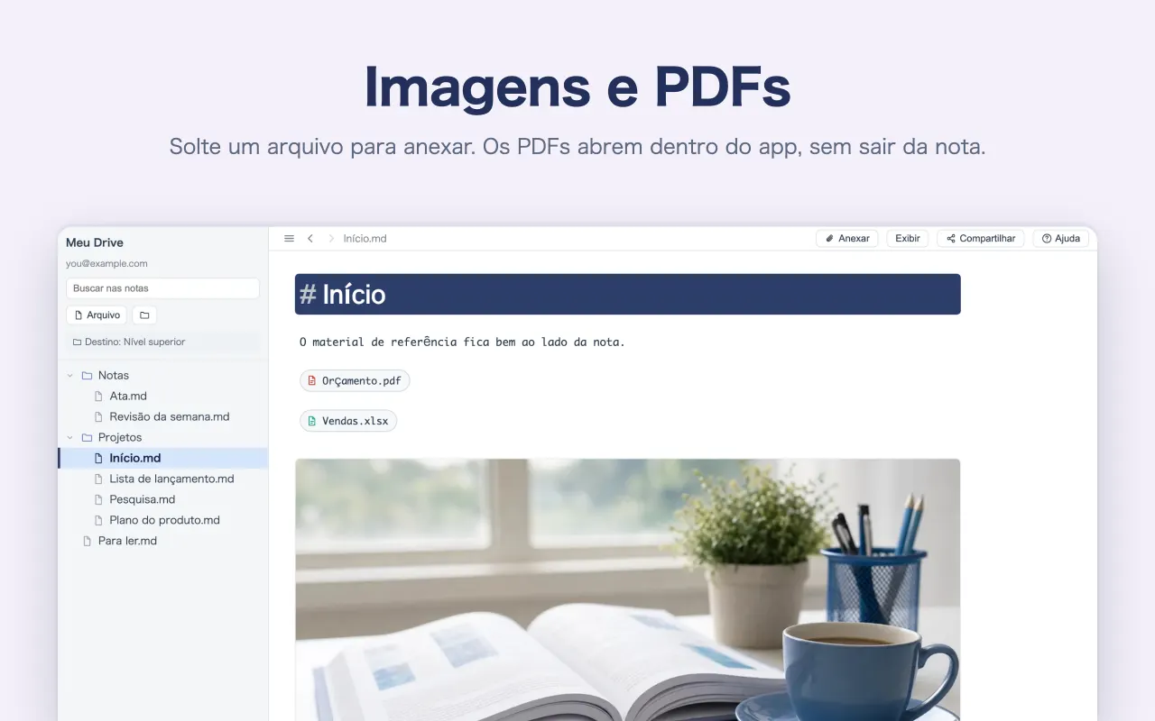 Imagens e PDFs — Solte um arquivo para anexar. Os PDFs abrem dentro do app, sem sair da nota.